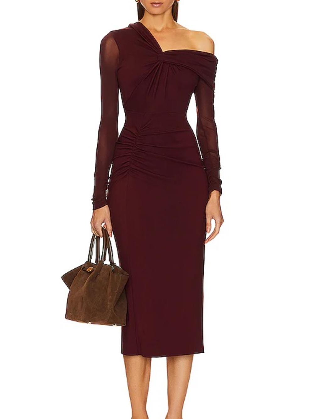 Diane Von Furstenberg One-Shoulder Ruched Midi Dress in Burgundy